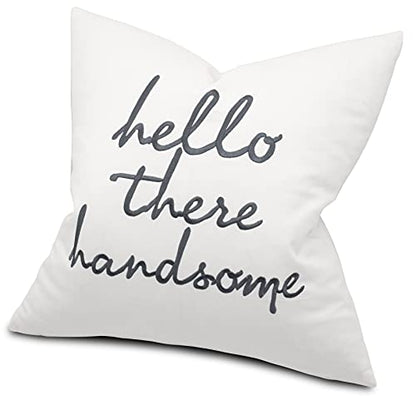  EURASIA DECOR Set Of 2 Pcs Hello Handsome Good Morning Gorgeous Embroidered Square Accent Throw Pillow Cover - Gift For Wedding, Couple, Anniversary, Bedroom Decor - 18x18 Inches, Ivory