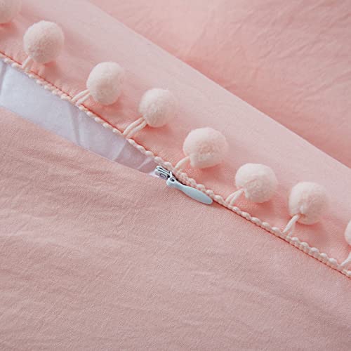  Pink Duvet Cover Queen Size, 3 Pieces Soft Washed Microfiber Duvet Cover Set With Boho Pom Pom Fringe, Pink, 90x90 Inches