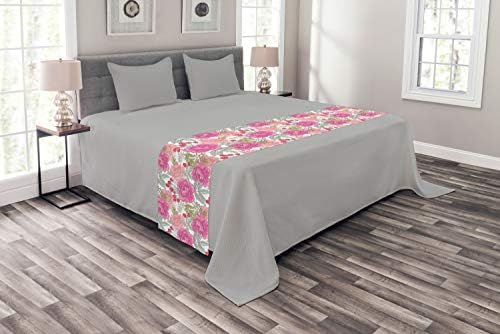  Lunarable Floral Bed Runner, Garden Flower Botany With Peony Rose Grass Harvest Illustration, Decorative Accent Bedding Scarf For Hotels Homes And Guestrooms, Reseda Green Pale Pink