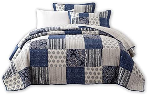  DaDa Bedding Denim Blue Elegance Patchwork Floral Bedspread Set - 100% Cotton Boho Chic Lightweight Quilted Coverlet - Striped Paisley Medallion Squares Multi Colorful Ivory Navy - King - 3-Pieces