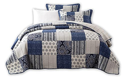  DaDa Bedding Denim Blue Elegance Patchwork Floral Bedspread Set - 100% Cotton Boho Chic Lightweight Quilted Coverlet - Striped Paisley Medallion Squares Multi Colorful Ivory Navy - King - 3-Pieces