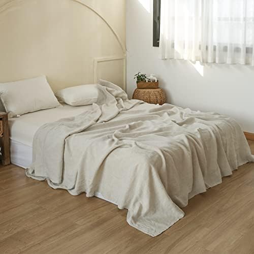  Simple&Opulence French Linen Flat Sheet With Embroidered Border-100% Stone Washed Flax Bedding,Queen Size(90''x102'') Ultra Soft,Breathable Flat Top Sheet-1 Piece Bed Flat Sheet Only(Linen)