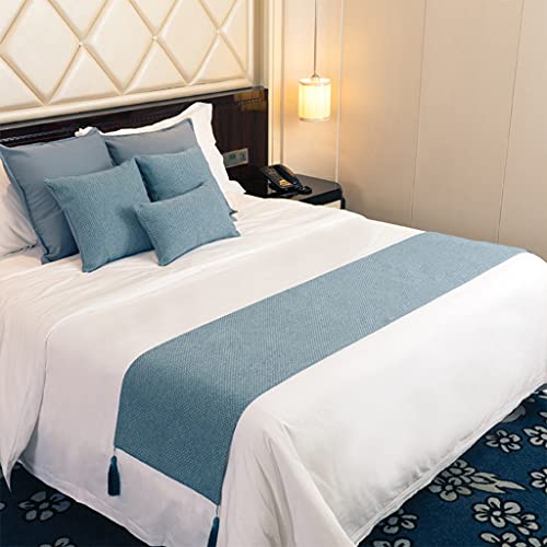  Natural Modern Linen&Cotton Bed Runners Scarf Pet Bed Scarf Pet Protector Dog Covers Stitching Color Style For King Queen Twin Full California King Size Bed (82"X20", Solid Blue)