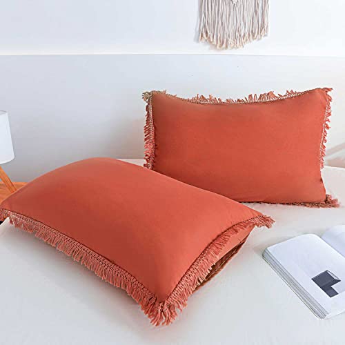  Queen Size Comforter Set, Burnt Orange Boho Tassel Down Alternative Filling Bed Sets - 90 X 90 3PC Soft Microfiber Chic Bohemian Farmhouse Bedding Duvet In A Bag For Women Men, Terracotta, Rust