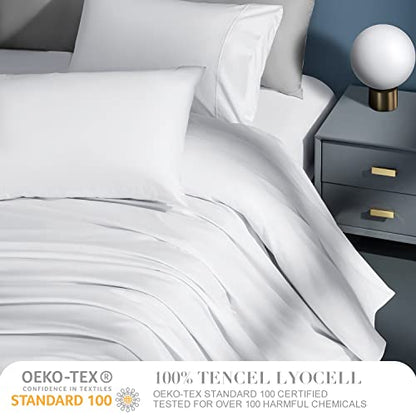  Shilucheng 100% Eucalyptus Sheets Queen Size, Lyocell Sheets Silk Cooling Bed Sheets Set,Silky Soft & Smooth, Breathable Tencel Queen Sheets Deep Pocket - 4PC, White