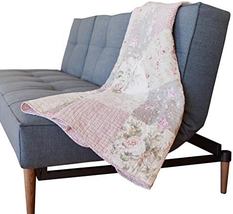  Ecret Garden 50" X 60" Cotton Quilted Throw Blanket: Floral Farmhouse Comforter, 100% Cotton Pink Grey Quilt, Patchwork Coverlet, Traditional Quilt For Couch And Bed, Country Lap Cover