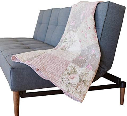  Ecret Garden 50" X 60" Cotton Quilted Throw Blanket: Floral Farmhouse Comforter, 100% Cotton Pink Grey Quilt, Patchwork Coverlet, Traditional Quilt For Couch And Bed, Country Lap Cover