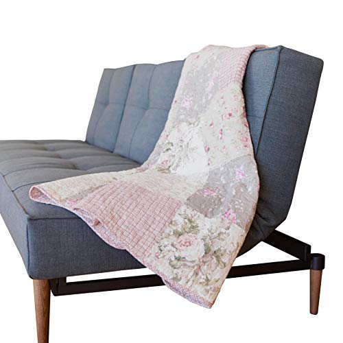  Ecret Garden 50" X 60" Cotton Quilted Throw Blanket: Floral Farmhouse Comforter, 100% Cotton Pink Grey Quilt, Patchwork Coverlet, Traditional Quilt For Couch And Bed, Country Lap Cover