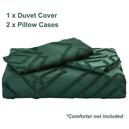  Powdion Green Duvet Cover Tufted, Dark Green Duvet Cover Queen With Jacquard Geometric Design, Boho Textured Duvet Cover Lightweight, 3pcs Olive Green Duvet Cover Set Zipper Closure 4 Ties