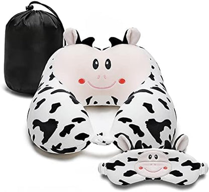  Travel Pillow For Kids And Adults, Cute Animal Memory Foam Neck Pillow With Soft Fleece Cover And Eye Mask Set, Airplane Pillow Travel Kit With Drawstring Organizer Bag, Machine Washable (Puppy)