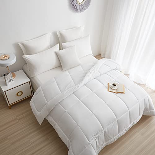  Down Alternative Comforter With Corner Tabs - Summer Quilted Light Weight Twin Size 140 GSM White Comforter, Machine Washable Microfiber Bedding