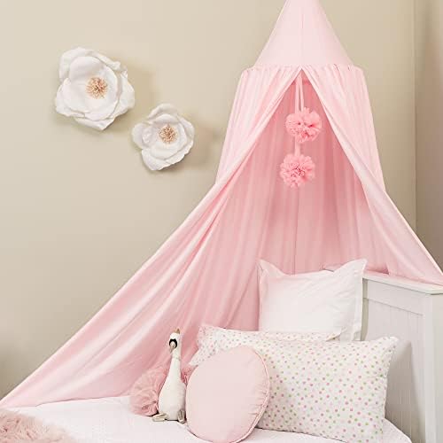  Rincess Bed Canopy For Girls Room With Pom Pom- Kids Canopy Bed, Reading Nook For Kids, Princess Room Decor, Crib Canopy Bed Curtains, Toddler Bed Canopy, White Bed Canopy Or Pink Canopy