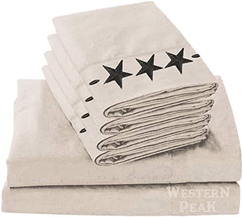  Western Peak Lightweight Microfiber Polyester Bed Sheet 6 Piece Set Embroidery Star Pillow Case (Brown, Queen)