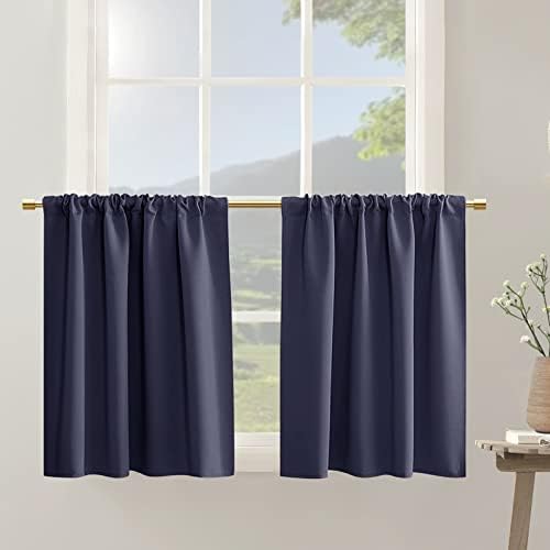  Navy Blue 36 Inch Length Cafe Curtains,2 Panels Blackout Window Treatment Tiers Thermal Rod Pocket Short Loft Bed Boys Bunk Bed Curtains,Dark Blue