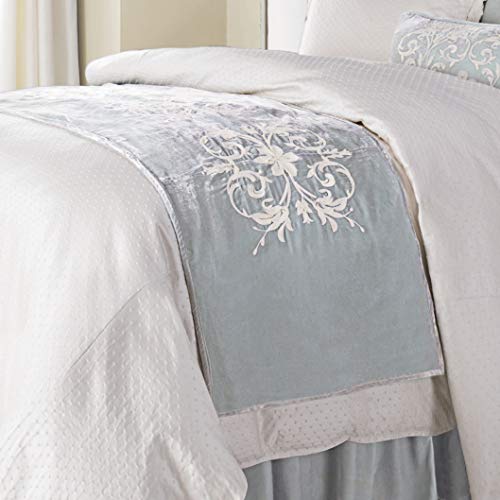  HiEnd Accents Belle Heather Blue Washed Velvet Bed Runner, Floral Crewel Embroidery