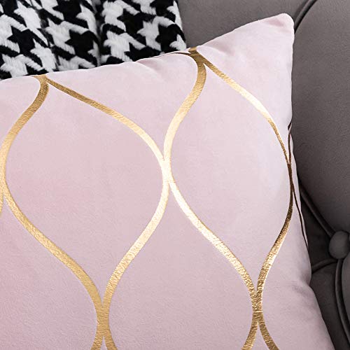  DEZENE Gold Velvet Throw Pillow Covers: 2 Pack 18x18 Inch Square Decorative Pillow Cases for Bedroom Sofa Couch Living Room, Pink
