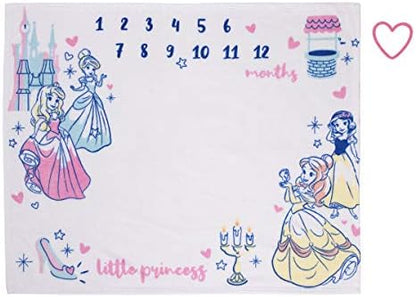  Disney Princess Pink, Aqua, Yellow & White Super Soft Milestone Baby Blanket, Pink, Aqua, Yellow, White