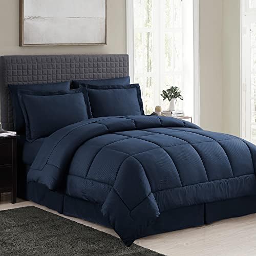  Queen Comforter Set 8 Piece Bed In A Bag With Bed Skirt, Fitted Sheet, Flat Sheet, 2 Pillowcases, 2 Pillow Shams, Queen, Dobby Navy