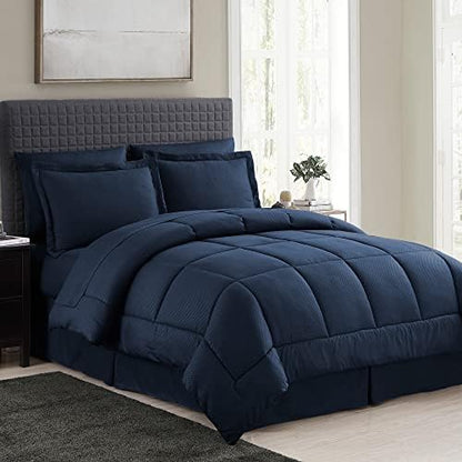  Queen Comforter Set 8 Piece Bed In A Bag With Bed Skirt, Fitted Sheet, Flat Sheet, 2 Pillowcases, 2 Pillow Shams, Queen, Dobby Navy