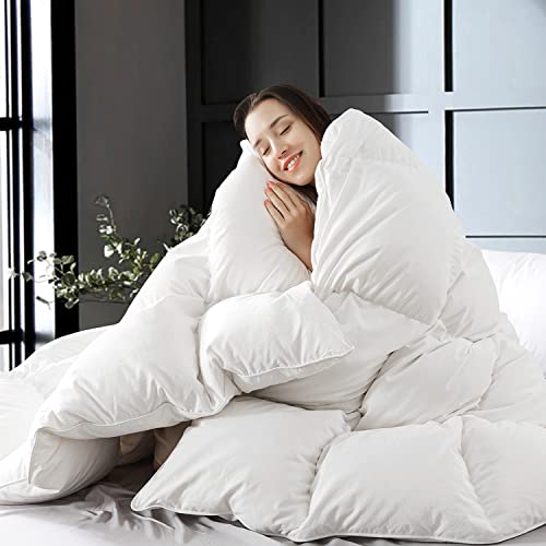  WhatsBedding Feather Comforter King Size, Filled With Feather And Down, All Season White Luxury Bed Comforter,Ultra Soft 100% Cotton Duvet Insert,106"x90"