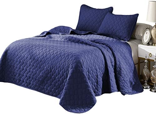  Oversize Queen Stitched Blue Color Quilted Flower Design Bedspread Coverlet 106 By 100 Inches Plus 2 Standard Shams 20 By 26 Inch Breathable Reversible, Home, Hotel,Motel, Rentals - 6.28 Lbs