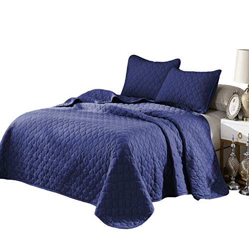  Oversize Queen Stitched Blue Color Quilted Flower Design Bedspread Coverlet 106 By 100 Inches Plus 2 Standard Shams 20 By 26 Inch Breathable Reversible, Home, Hotel,Motel, Rentals - 6.28 Lbs