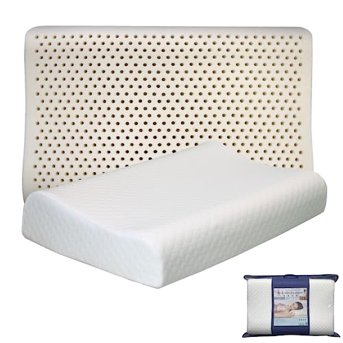  JABXKEJI Latex Pillow 100% Natural & Organic Contour For Side Back Stomach Sleeping Neck Shoulder Pain Relief Without Memory Foam Chemicals With Removable Breathable Cover (Standard, 23.4"*15.5")