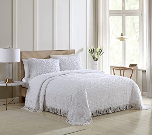  Medallion Chenille Bedspread, Queen, White
