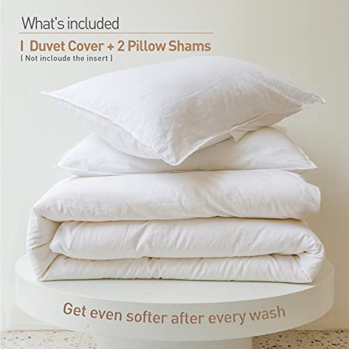  BISELINA French Linen Duvet Cover Set 3pcs With Hidden Zipper Closure Natural Flax Cotton Blend Solid Color Soft Breathable Luxury Farmhouse Bedding -King Size, White