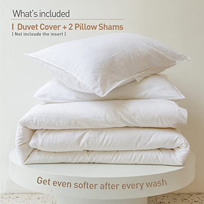  BISELINA French Linen Duvet Cover Set 3pcs With Hidden Zipper Closure Natural Flax Cotton Blend Solid Color Soft Breathable Luxury Farmhouse Bedding -King Size, White