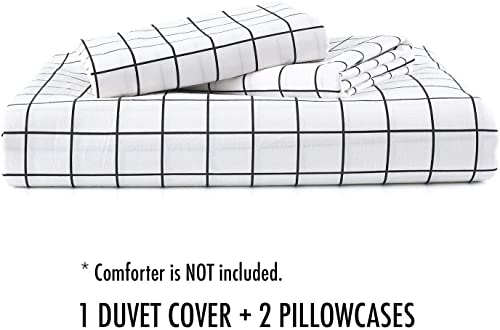  Queen Duvet Cover Set Grid, 90x90 Soft Bedding Cover, Luxury Cool Lightweight Microfiber 3pc Set (1 Cover 2 Pillowcase) With Zip, Tie - Modern Style Bed Quilt Cover For Decor, Plaid White