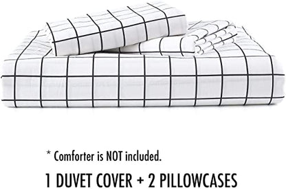  Queen Duvet Cover Set Grid, 90x90 Soft Bedding Cover, Luxury Cool Lightweight Microfiber 3pc Set (1 Cover 2 Pillowcase) With Zip, Tie - Modern Style Bed Quilt Cover For Decor, Plaid White
