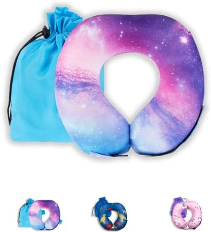  Byron's Games Kids Memory Foam Neck Pillow With Adjustable Strap Offering 360° Support. Add Comfort To Airplane Or Car Journeys With The Toddler Travel Pillow. Machine Washable Cover (Galaxy)