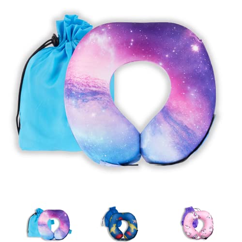  Byron's Games Kids Memory Foam Neck Pillow With Adjustable Strap Offering 360° Support. Add Comfort To Airplane Or Car Journeys With The Toddler Travel Pillow. Machine Washable Cover (Galaxy)