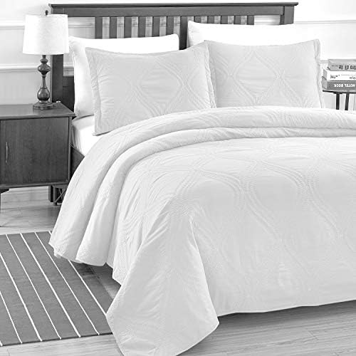 Unknown Luxe Bedding Solid Color Lightweight Oversize Cotton Filled Stitched 3-Piece Olive Leaves Bedspread Coverlet Set (King/California King, White / Peace)