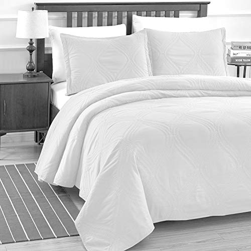 Unknown Luxe Bedding Solid Color Lightweight Oversize Cotton Filled Stitched 3-Piece Olive Leaves Bedspread Coverlet Set (King/California King, White / Peace)