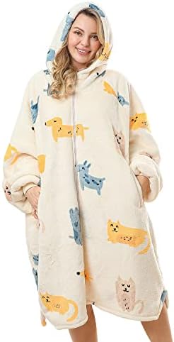  Topblan Oversized Hoodie With Zipper For Adults, Flannel Blanket Hoodie Sweatshirt With Zipper, Sherpa Wearable Blanket Plush Sweatshirt, Gifts For Women Men