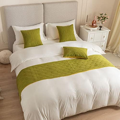  BiiKoon Quilted Bed Runners Solid Dutch Velvet Bed Scarves For Foot Of Bed Shell Pattern Bed End Towel For For Queen Double Single King Size Bed,Green Yellow 45 * 210cm