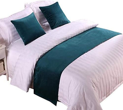  YIH Teal Bed Runner Scarf 82" X 19", Velvet Protector Slipcover For Bed For Bedroom Hotel Wedding Room, 1 Bed Runner + 2 Cushion Covers