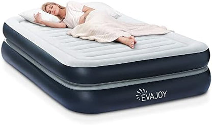  Full Size Air Mattress With Built In Pump, 18'' Inflatable Luxury Double High Blow Up Mattress, Easy To Inflate/Quick Set Bed, Durable Portable Waterproof Blue & Grey (EJ-HF001)