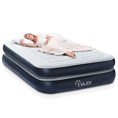  Full Size Air Mattress With Built In Pump, 18'' Inflatable Luxury Double High Blow Up Mattress, Easy To Inflate/Quick Set Bed, Durable Portable Waterproof Blue & Grey (EJ-HF001)