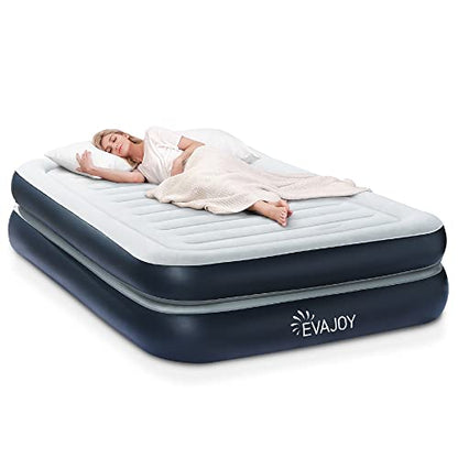  Full Size Air Mattress With Built In Pump, 18'' Inflatable Luxury Double High Blow Up Mattress, Easy To Inflate/Quick Set Bed, Durable Portable Waterproof Blue & Grey (EJ-HF001)