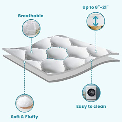 MASVIS King Mattress Pad Quilted Fitted Mattress Cover Cooling Soft Pillow Top Mattress Protector Breathable Fluffy Mattress Topper With 8-21" Deep Pocket, California King, White