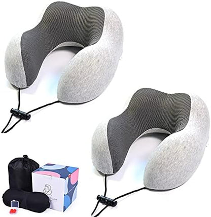  LYUTON, 2PCS Memory Foam Travel Pillow, Comfortable Neck Pillow, U Shape Pillow With Eye Mask & Earplugs (2, Grey)