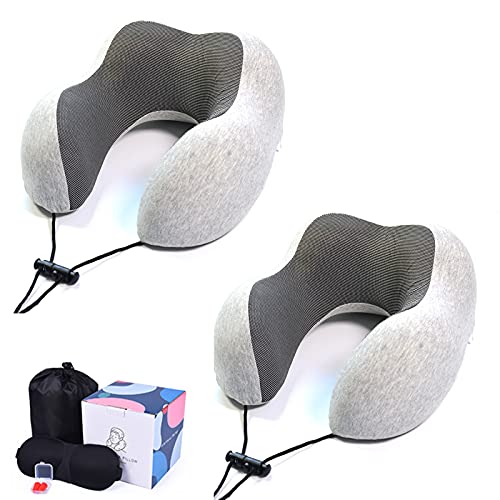  LYUTON, 2PCS Memory Foam Travel Pillow, Comfortable Neck Pillow, U Shape Pillow With Eye Mask & Earplugs (2, Grey)