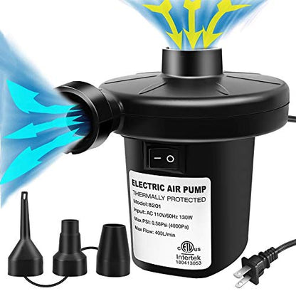  Electric Air Pump, Air Mattress Portable Pump For Inflatables Couch, Pool Floats, Blow Up Pool Raft Bed Boat Toy, Snow Tube, AC Inflator/Deflator With 3 Nozzles, 130W