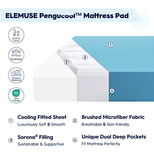  ELEMUSE Cooling Blue Queen Dual Layer Mattress Pad Cover, Cool-to-Touch Fitted Sheet Plus Soft Mattress Topper For Hot Sleepers, Supportive Pillowtop Mattress Protector With Fluffy Filling
