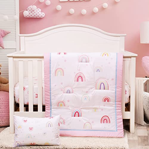  UOMNY Crib Bedding Set For Girls - Pink Baby Nursery Bedding Sets 3 Pieces Crib Quilt Comforter Fitted Crib Sheet Toddler Pillowcase Soft Star Baby Bedding Set