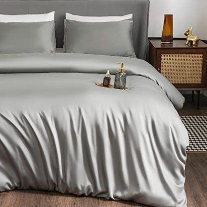  Argstar 3 Pieces King Bamboo Duvet Cover, Grey Cotton Duvet Cover Set, Soft & Easy Care Bedding Comforter Cover With Zipper & Ties (1 Gray Duvet Cover, 2 Pillowcases)