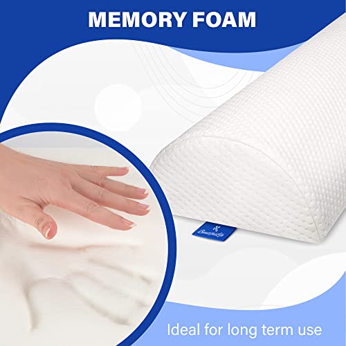  Back Pain Relief Memory Foam Pillow - Half Moon Bolster Knee Pillow For Side, Back, Stomach Sleepers - Semi Roll Round Lumbar Leg Wedge - Reduce Neck Spine Back Hip Ankle Stress - Organic Cotton Cover